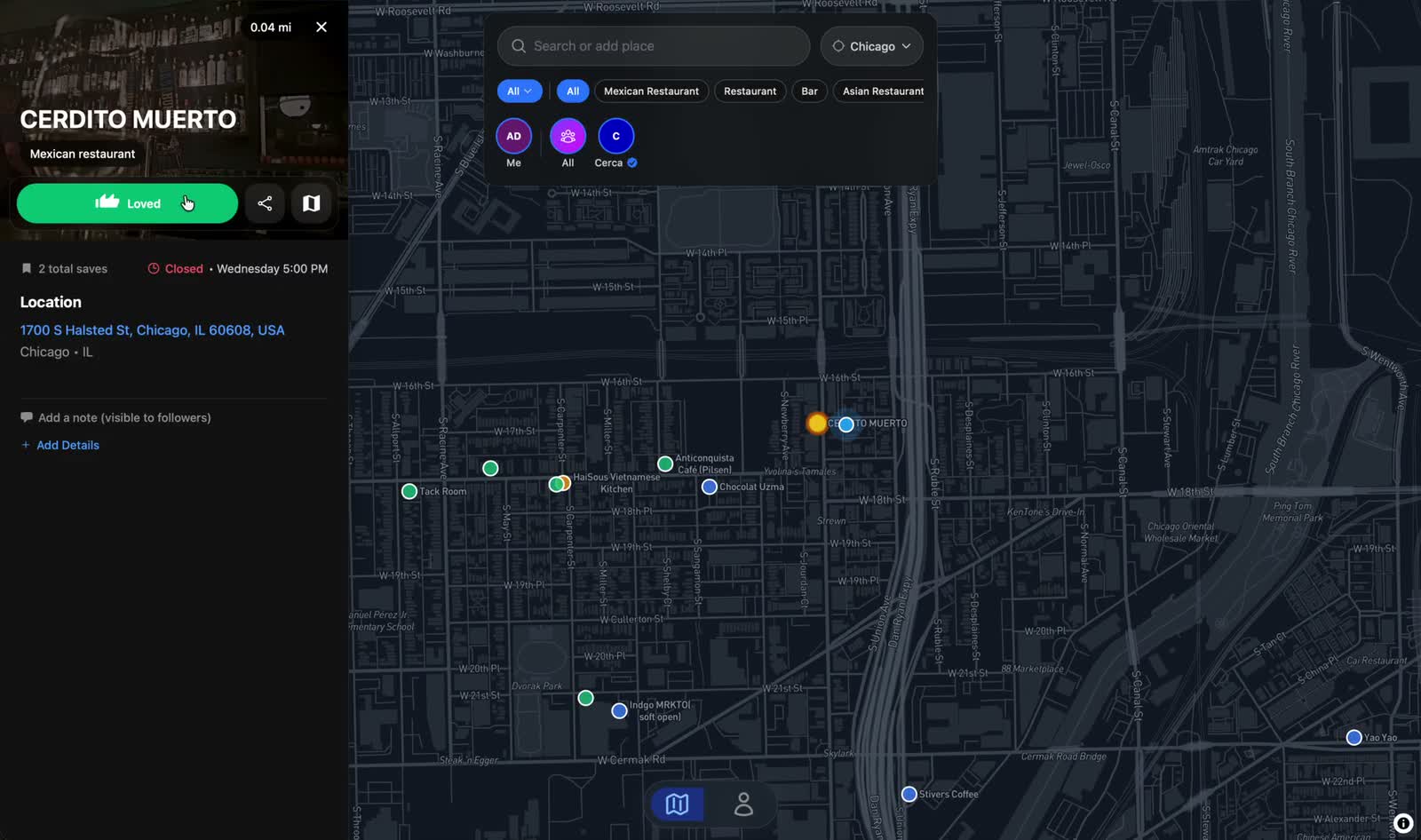 Cerca's map of Chicago, with places marked in the colors of the people who saved them.